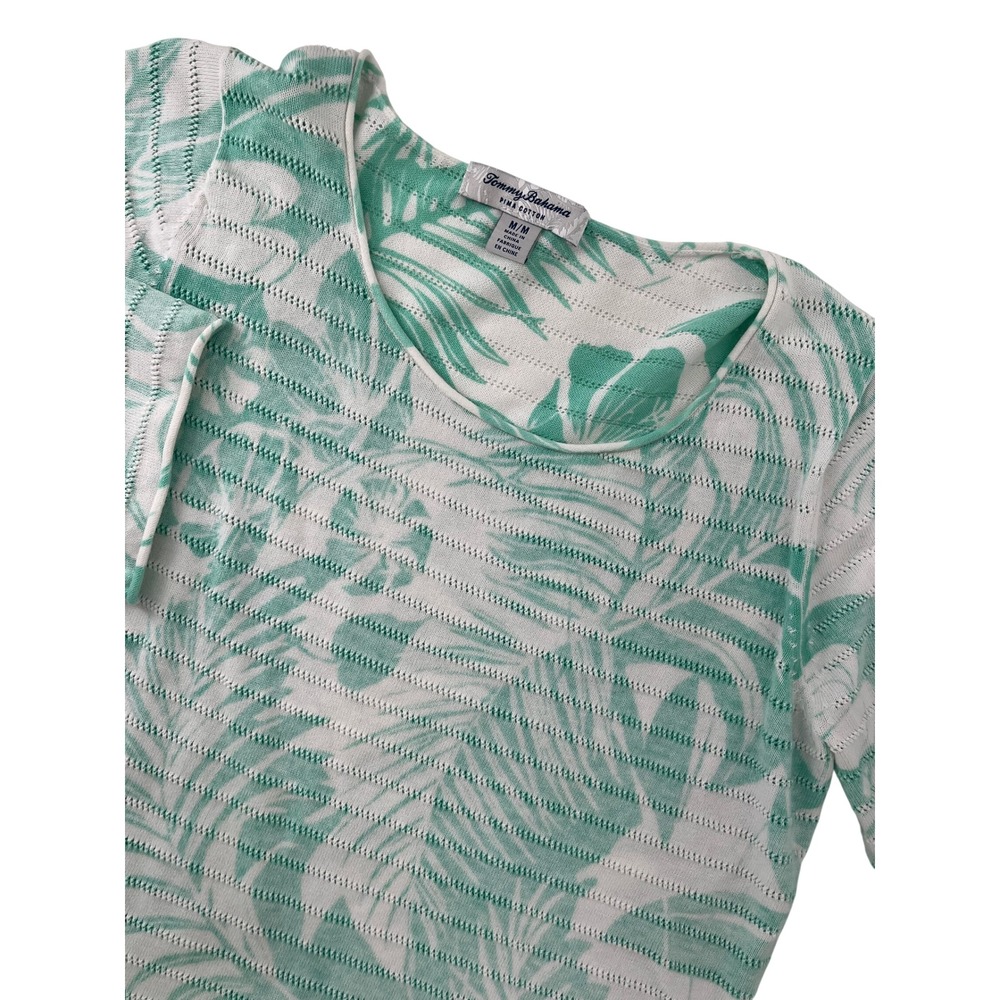 Tommy Bahama Womens Pima Cotton Mint Green Tropical Palm Knit Top Size M 3/4 Slv